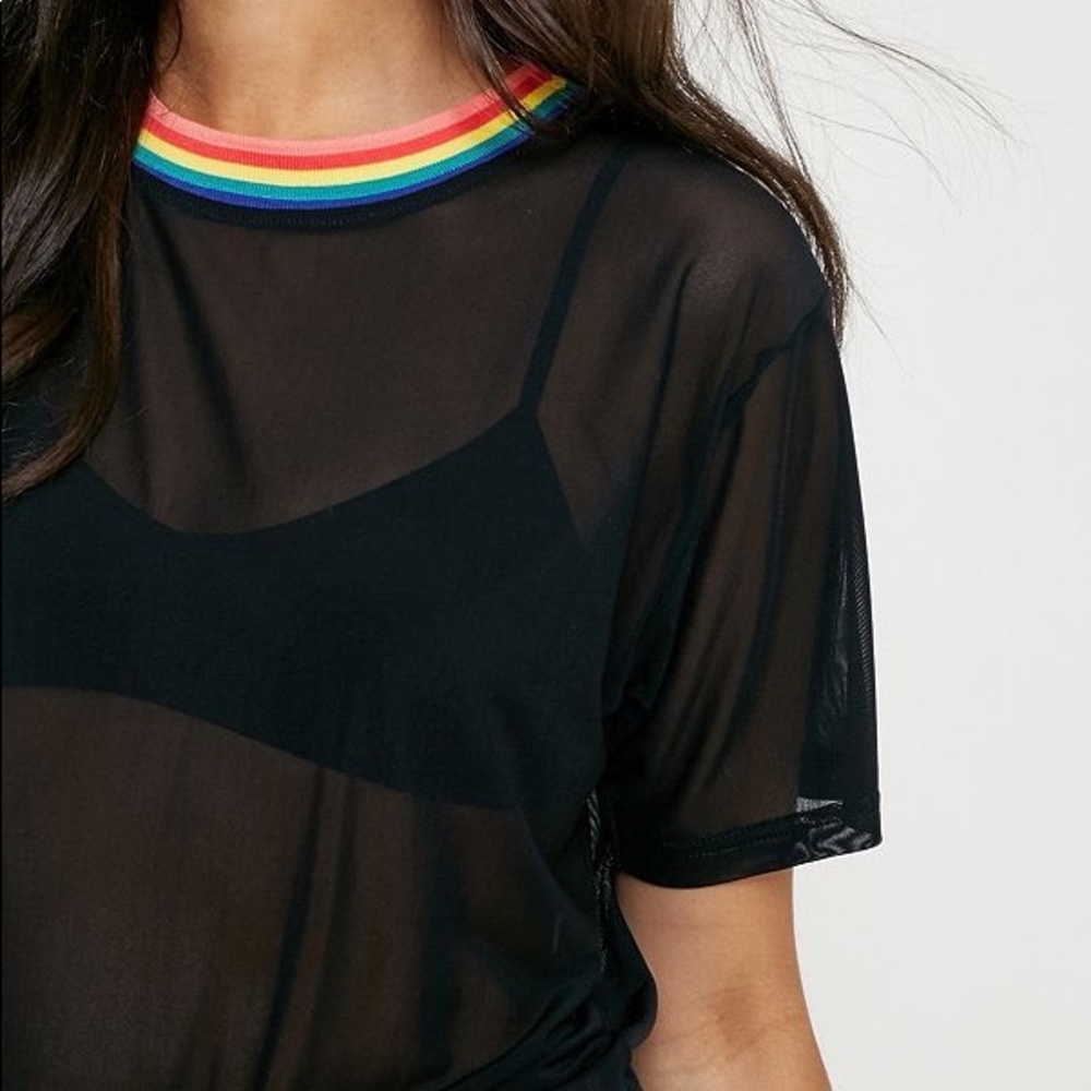 Urban Outfitters Black Mesh Top w Rainbow Neckline